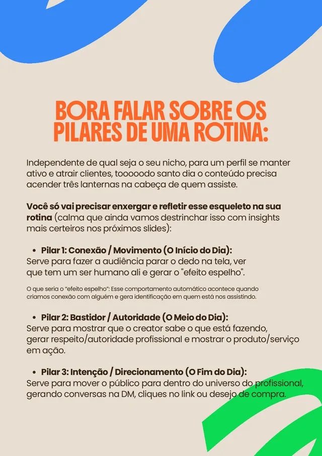 Página do manual sobre os três pilares de uma rotina de conteúdo: conexão, bastidor e intenção