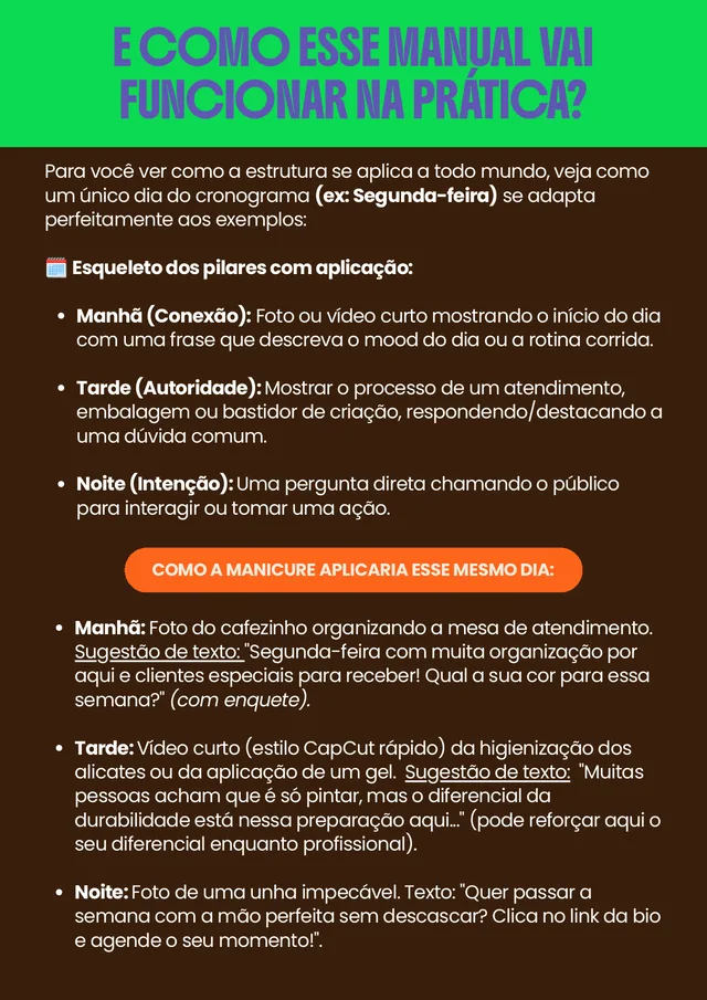 Página do manual mostrando como uma manicure aplicaria esse mesmo dia de conteúdo, de manhã, à tarde e à noite