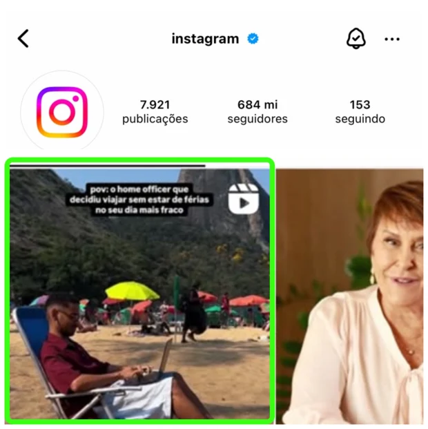 Perfil oficial e verificado do @instagram, com 684 milhões de seguidores, e o vídeo do Yugui destacado por uma moldura verde-neon como primeiro post da grade