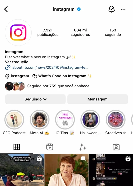 Perfil oficial e verificado do @instagram, com 684 milhões de seguidores, mostrando como primeira publicação do feed o reel do Yugui sobre home office na praia
