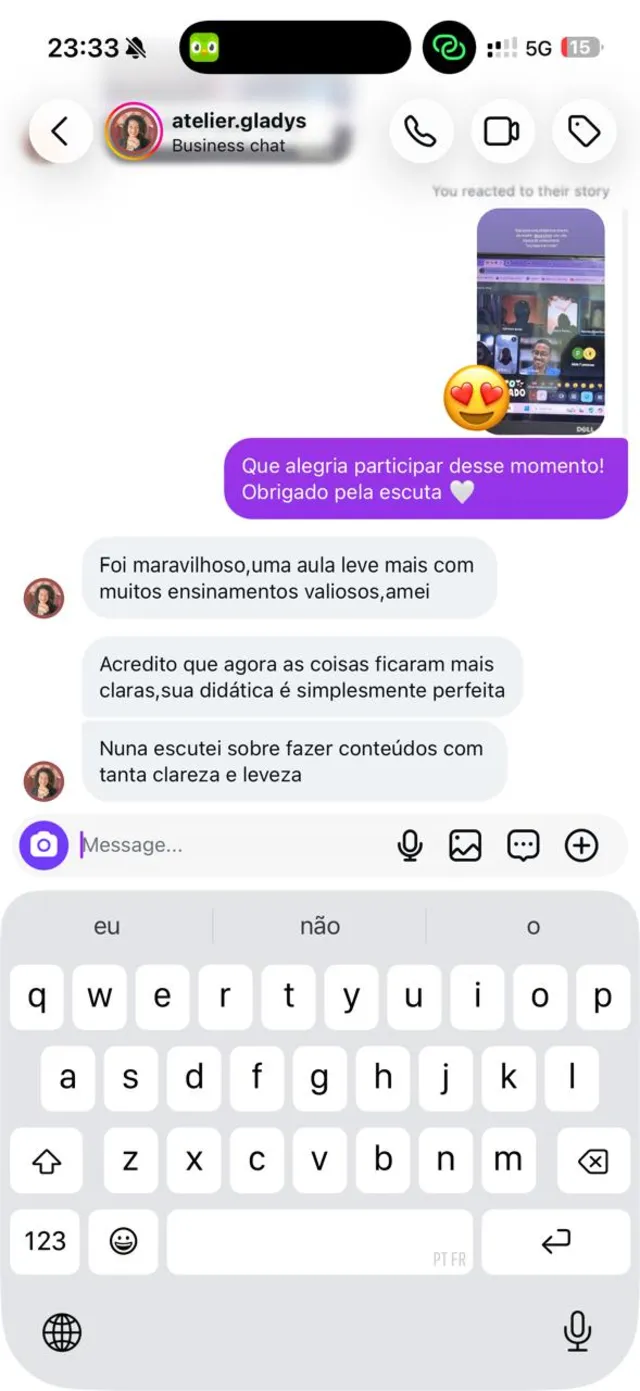 Print de DM do atelier.gladys dizendo que nunca escutou sobre fazer conteúdos com tanta clareza e leveza
