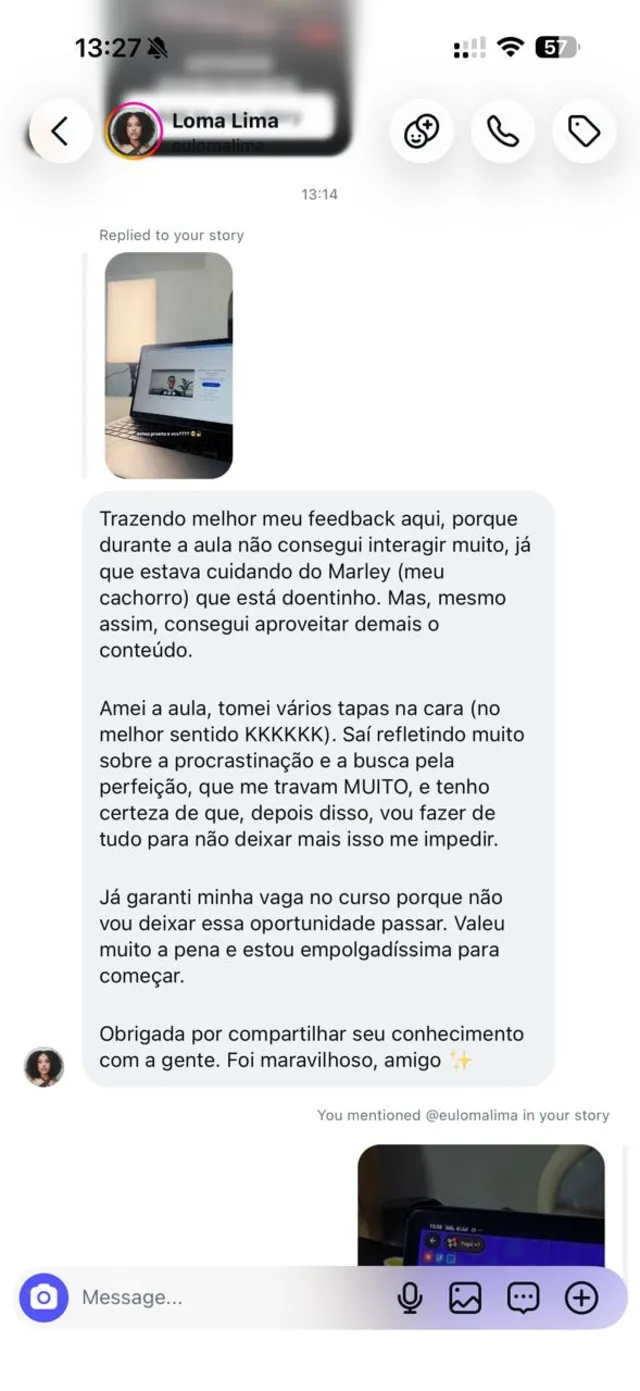 Print de mensagem da Loma Lima contando que garantiu a vaga no curso depois da aula